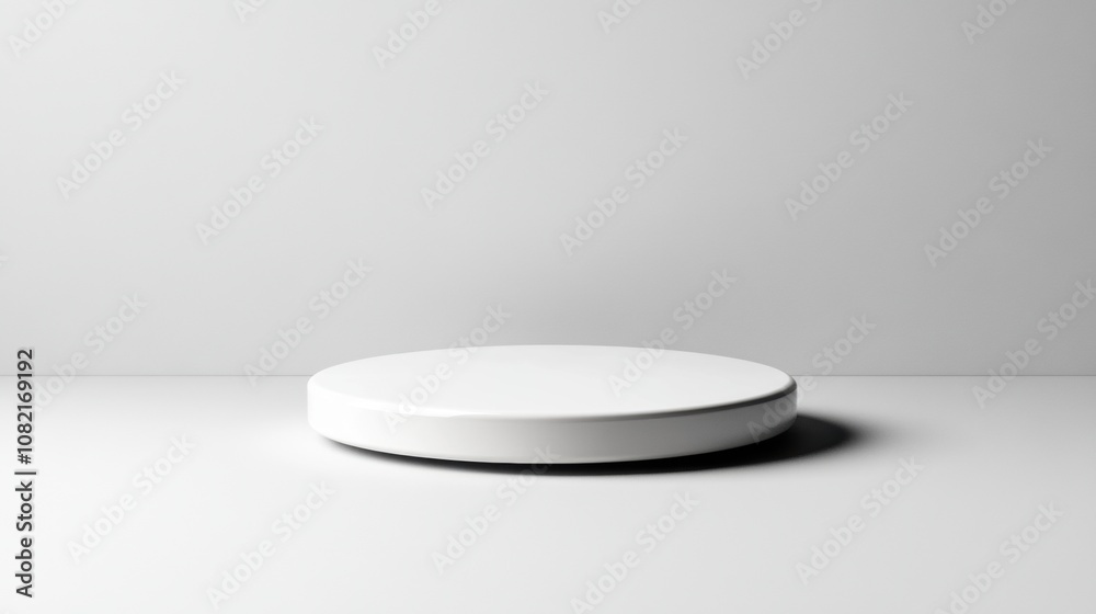 White circular platform on a minimalistic grey background. White circular platform on a minimalistic grey background.
