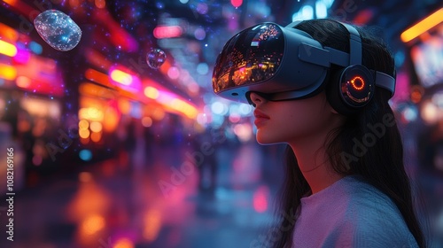 Woman Experiencing Virtual Reality in a Cityscape