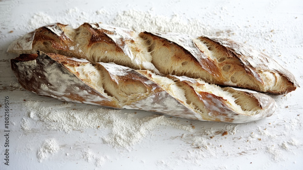 Rustic baguettes with a crisp, golden crust and airy interior on a flour-dusted surface. Rustic baguettes with a crisp, golden crust and airy interior on a flour-dusted surface.