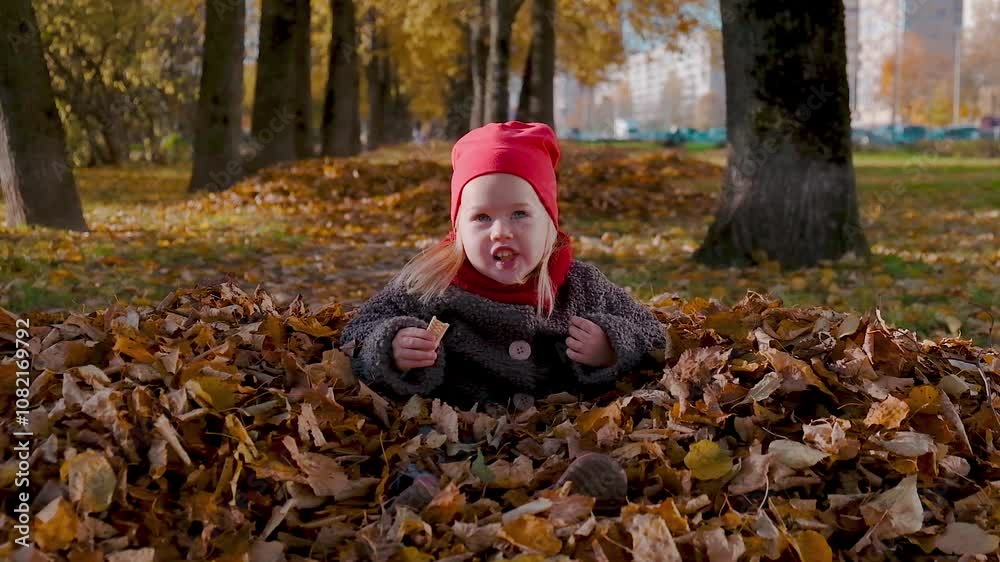 A charming little girl child in a coat and a red cap is having fun playing with autumn leaves in a beautiful autumn park. A charming little girl child in a coat and a red cap is having fun playing with autumn leaves in a beautiful autumn park.