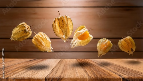 tropical physalis fruit, alkekengi on a wooden table, exotic fruits