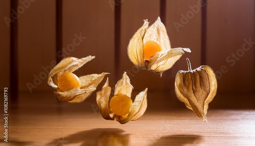 tropical physalis fruit, alkekengi on a wooden table, exotic fruits