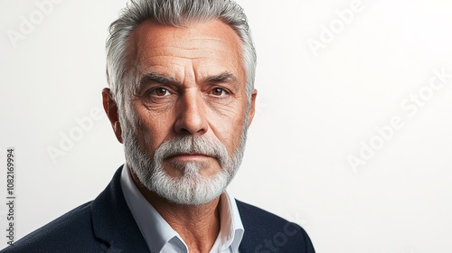 Portrait of a Mature Man with Graying Hair and Beard, Exuding Confidence and Wisdom, Set Against a Light Background in a Professional Attire