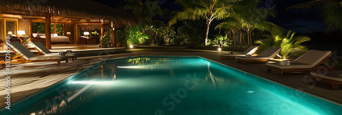 Serene nighttime pool area surrounded by tropical greenery