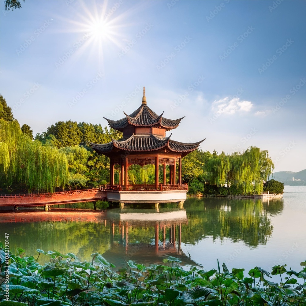 Traditional Chinese Pavilions in Hangzhou’s West Lake Surrounded by Lush Gardens and Reflective Waters, Creating a Serene Cultural Landscape Perfect for Peaceful Meditation and Photography Traditional Chinese Pavilions in Hangzhou’s West Lake Surrounded by Lush Gardens and Reflective Waters, Creating a Serene Cultural Landscape Perfect for Peaceful Meditation and Photography