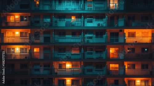 Illuminated Apartment Building Facade at Night