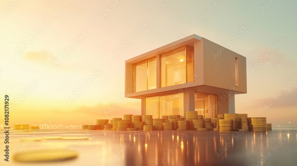 A new modern home standing on a stack of gold coins A new modern home standing on a stack of gold coins