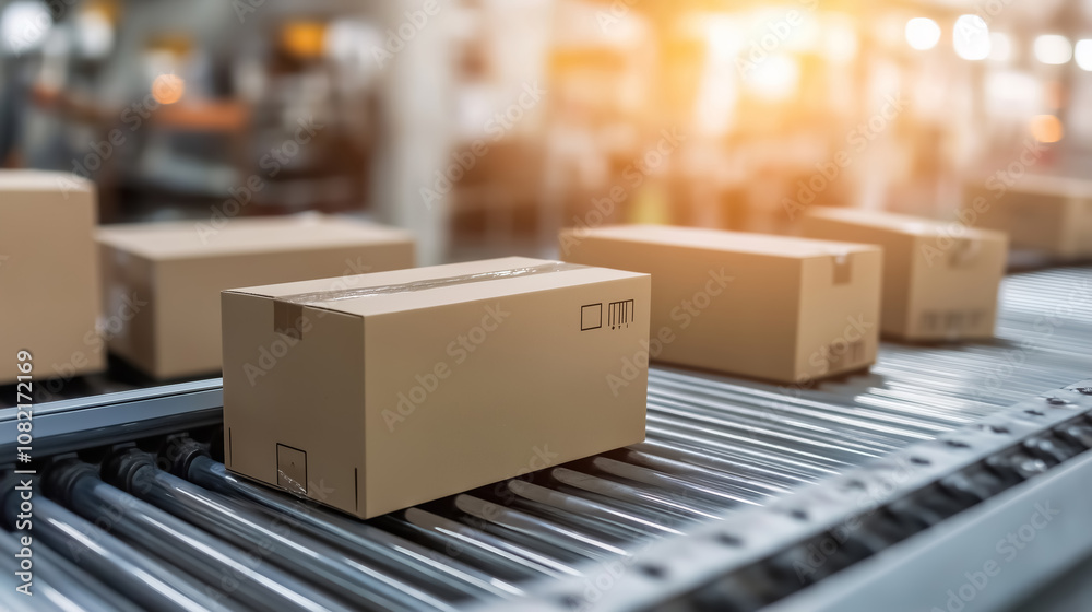 A cardboard boxes on a conveyor belt