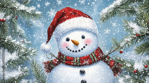 cheerful snowman wearing Santa hat and scarf is surrounded by snowflakes and pine branches, creating festive and playful Christmas card scene.