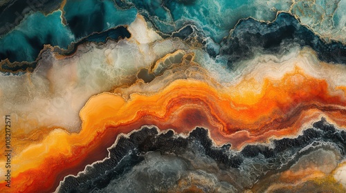 Aerial View of Yellowstone: Captivating Patterns and Textures of Geyser Basins with Multi-Hued Hot Springs Against Rugged Terrain. National Geographic Inspired Photography. photo