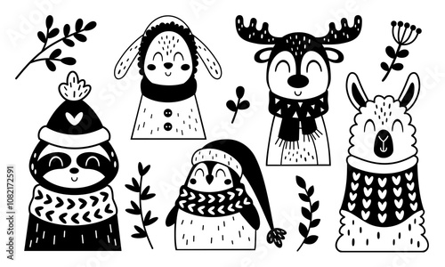 Cute winter animals clipart. Black and white animal faces clipart. Winter characters doodle. Hand draw vector illustration in flat style