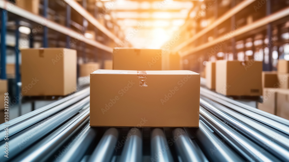 A cardboard boxes on a conveyor belt A cardboard boxes on a conveyor belt