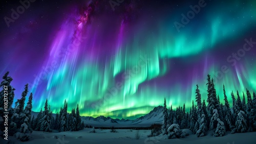 Cosmic aurora lights with vivid greens purples and blues dancing across the sky, AI Generated