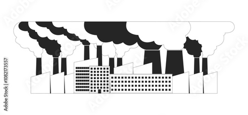 Production plant with large smog cloud black and white 2D line object. Industrial complex damaging environment with pollutants isolated clip art vector outline item. Monochromatic spot illustration
