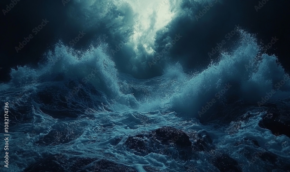 blue ocean with large crashing waves against rocks, Generative AI blue ocean with large crashing waves against rocks, Generative AI