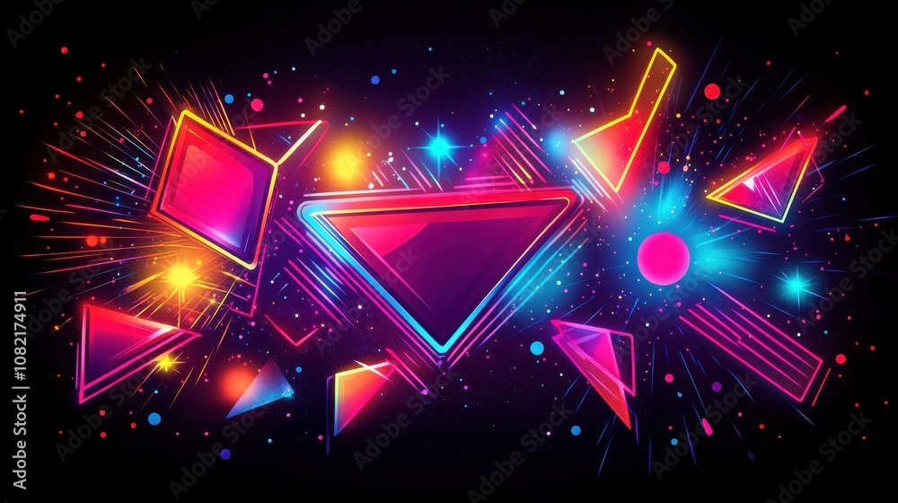 Obraz premium Neon geometric shapes wallpaper surrounded by light bursts on a dark background