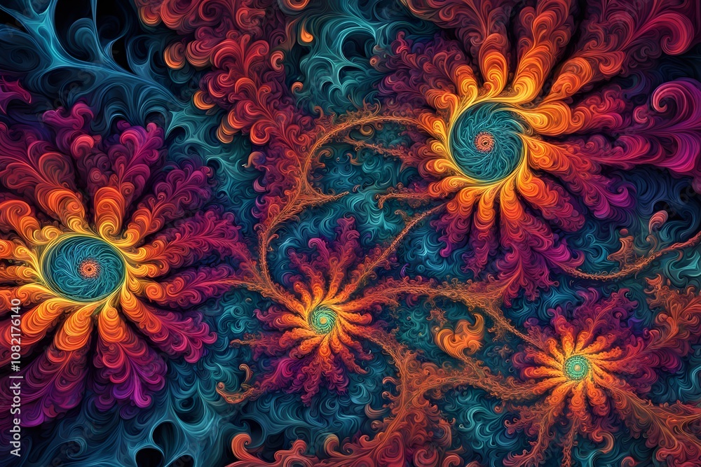 Psychedelic fractals with bright neon colors and intricate swirling patterns, Ai Generated Psychedelic fractals with bright neon colors and intricate swirling patterns, Ai Generated