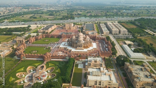 Aerial View Drone Footage of Akshardham Temple in New Delhi one of the largest Hindu temple in India	
 photo