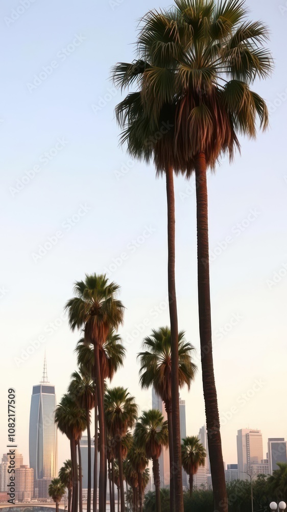 Fototapeta premium Los Angeles skyline with tall palm trees in the foreground, showcasing the iconic cityscape and tropical vibe, travel, skyscrapers