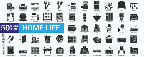 Home life icon set with bedroom, kitchen, living room, bathroom, toilet, chair, wardrobe, sofa, television and lamp