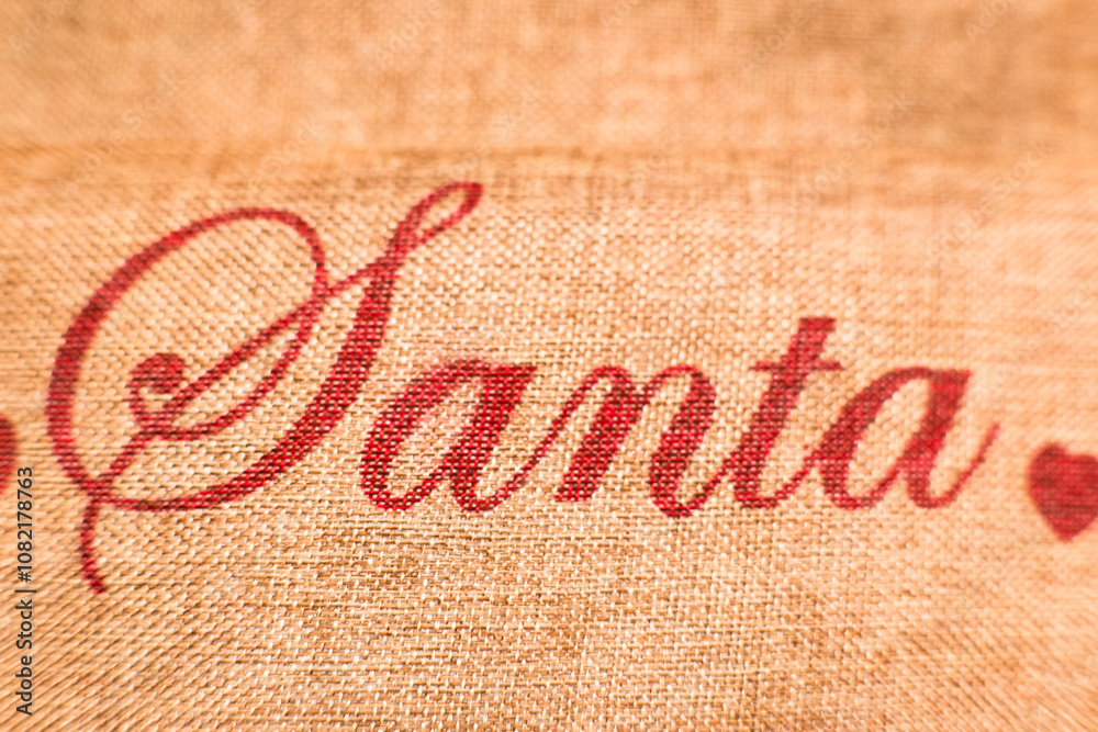Inscription on a jute bag, Santa Claus, Christmas