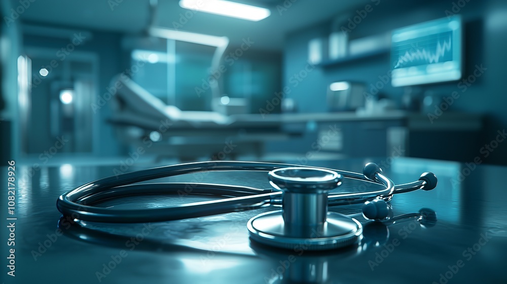 Modern medical aesthetic hospital operating room, light blue color theme, large modern lights above the bed and other equipment.