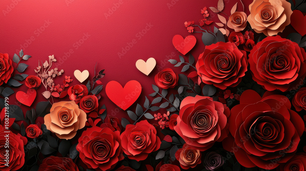 romantic Valentine Day backdrop with 3D paper roses and hearts creates warm and loving atmosphere. vibrant red and pink hues enhance festive mood, perfect for celebrations romantic Valentine Day backdrop with 3D paper roses and hearts creates warm and loving atmosphere. vibrant red and pink hues enhance festive mood, perfect for celebrations