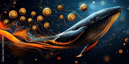 An imaginative artwork of a whale in a virtual ocean, with Bitcoin logos floating around it, and strings attached to each coin, as if the whale is dictating their movements and value.