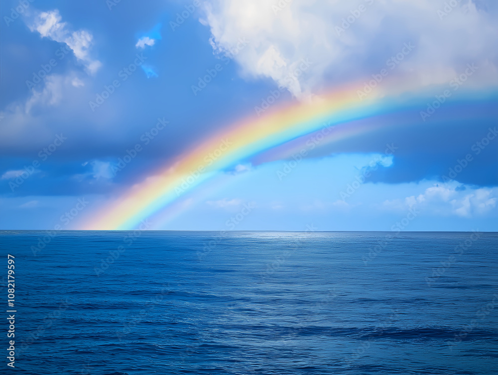 vivid rainbow reflected over calm ocean waters under a clear sky vivid rainbow reflected over calm ocean waters under a clear sky