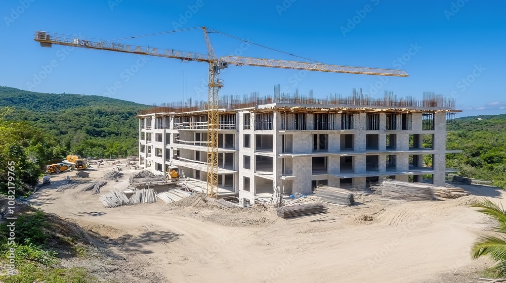 Modern Construction Site of a Multi-Story Building with Crane Operation, Featuring Structural Elements Under a Clear Blue Sky in Natural Surroundings Modern Construction Site of a Multi-Story Building with Crane Operation, Featuring Structural Elements Under a Clear Blue Sky in Natural Surroundings