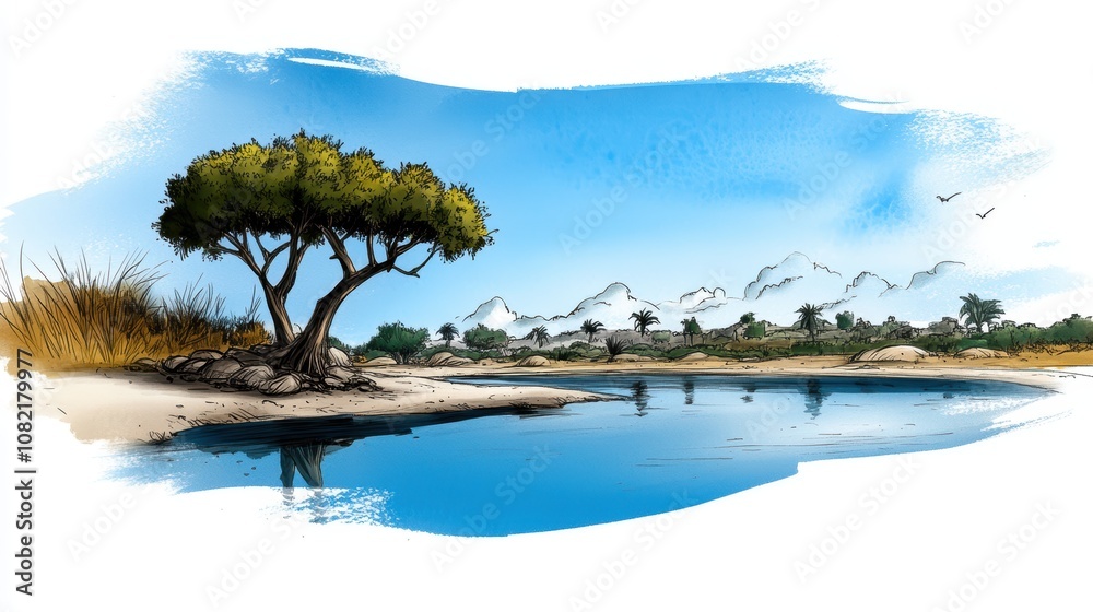 Serene Oasis Tranquil Lake Palm Trees Desert Landscape Hand Drawn Illustration Serene Oasis Tranquil Lake Palm Trees Desert Landscape Hand Drawn Illustration