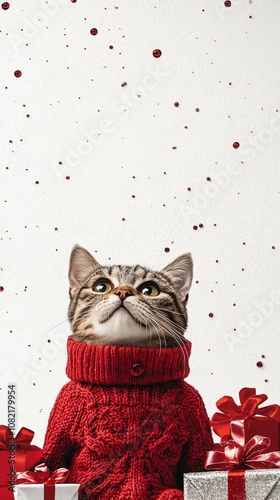 Festive feline in red knit sweater gazes upward at falling snowflakes, surrounded by wrapped gifts. Holiday cheer meets curious cat charm. photo