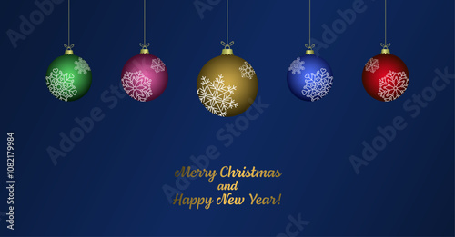 Colorful Merry Christmas greetings card with snowflakes, color balls vector illustration. Winter holidays concept card design to use for merry christmas cards, winter advertising, holiday greetings. 
