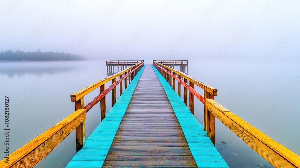 Fog-covered pier, soft reflections on water, watercolor style Fog-covered pier, soft reflections on water, watercolor style