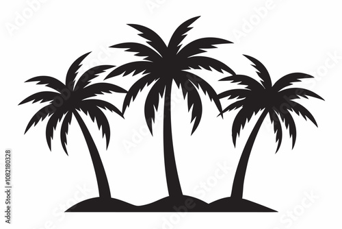 Black and white image of three palm trees on a small island, creating a simple and tropical aesthetic with a relaxing vacation vibe.
