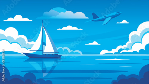 A serene seascape with a sailboat and jet plane evokes tranquility and vastness.