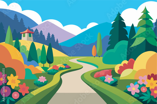 A digital illustration depicts a peaceful countryside with a tiled path, greenery, house, and mountains under a blue sky. Vibrant colors create a serene, picturesque scene.