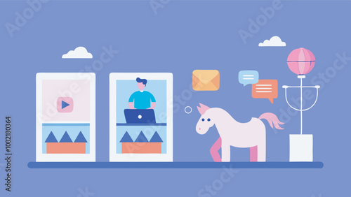 Man with laptop, unicorn in serene setting. Tablets show video, image, email. Icons, speech bubbles suggest creativity. Theme: productivity and multitasking in whimsical environment.