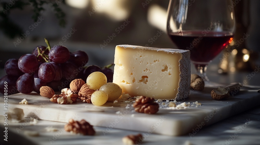 Artisanal cheese platter with ripe grapes, mixed nuts, and a glass of red wine creates an elegant appetizer spread for gourmet entertaining or cozy date night. Artisanal cheese platter with ripe grapes, mixed nuts, and a glass of red wine creates an elegant appetizer spread for gourmet entertaining or cozy date night.