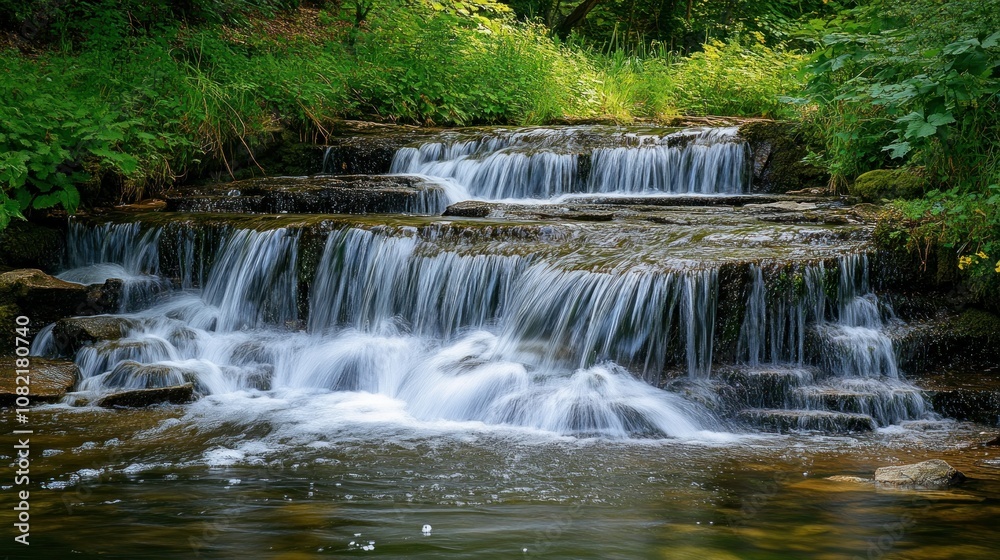 Obraz premium Cascading Waterfalls in a Lush Forest Setting