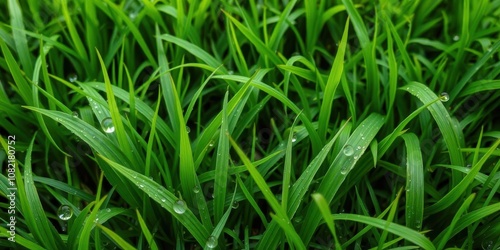 Lush, vibrant green grass landscape background with dew drops, outdoors, healthy