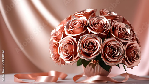 Fototapeta Naklejka Na Ścianę i Meble -  A bouquet of rose gold roses in a vase with a ribbon on a rose gold satin background.