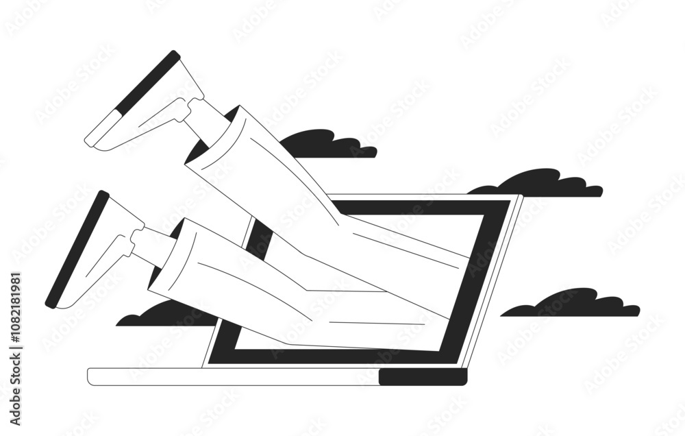 Immerse yourself in work fully black and white 2D illustration concept. Corporate company employee diving into laptop monitor legs outline character isolated. Metaphor monochrome vector art