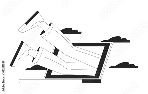 Immerse yourself in work fully black and white 2D illustration concept. Corporate company employee diving into laptop monitor legs outline character isolated. Metaphor monochrome vector art