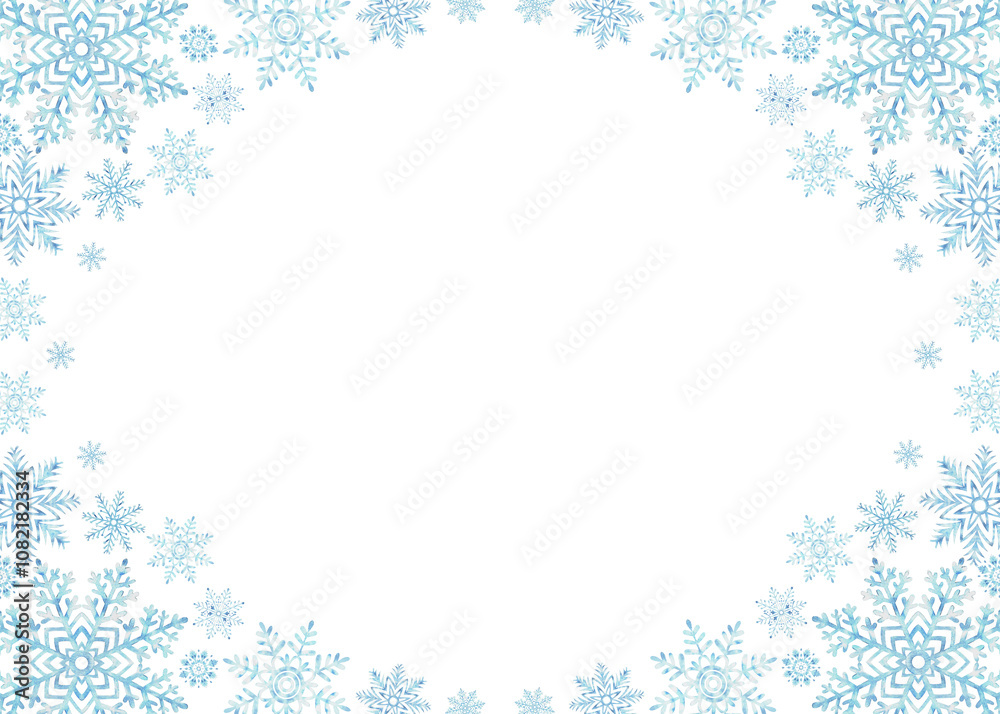 Blue snowflakes. Template postcard with copy space. Ice stars for Christmas or New Year's design. Hand drawn watercolor illustration isolated. Winter holiday frame for card, website, wrapping, sale. Blue snowflakes. Template postcard with copy space. Ice stars for Christmas or New Year's design. Hand drawn watercolor illustration isolated. Winter holiday frame for card, website, wrapping, sale.