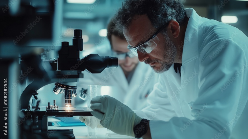 Scientist Examining Sample Under Microscope In Lab Scientist Examining Sample Under Microscope In Lab