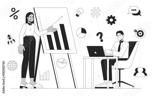 Presentation at business meeting black and white 2D illustration concept. Arab businesswoman explaining plan to asian male colleague outline characters isolated. Metaphor monochrome vector art