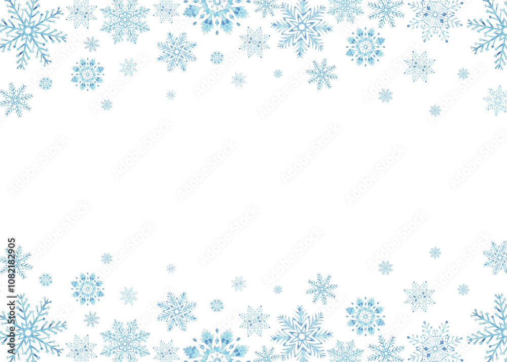 Blue snowflakes. Template postcard with copy space. Ice stars for Christmas or New Year's design. Hand drawn watercolor illustration isolated. Winter holiday frame for card, website, wrapping, sale. Blue snowflakes. Template postcard with copy space. Ice stars for Christmas or New Year's design. Hand drawn watercolor illustration isolated. Winter holiday frame for card, website, wrapping, sale.