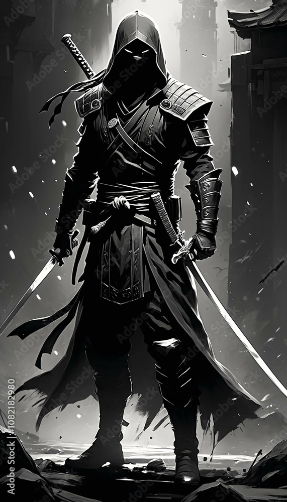 Naklejka premium A warrior man, a ninja, depicted in black and white tones, embodies a brave hero.