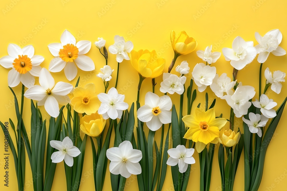 Fototapeta premium White and yellow spring flowers on yellow background.